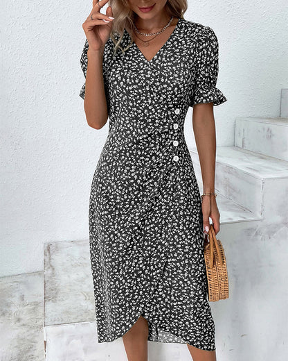 Quincy Women's Summer Dress – Elegant Short Sleeve Floral Dress with Button Closure