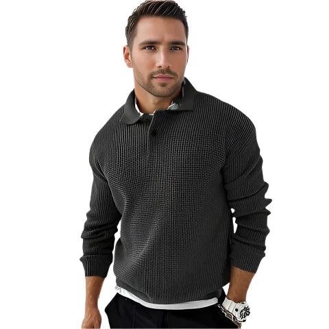 Carlo Men's Sweater – Elegant Knit Polo with Buttoned Collar & Modern Ribbed Pattern