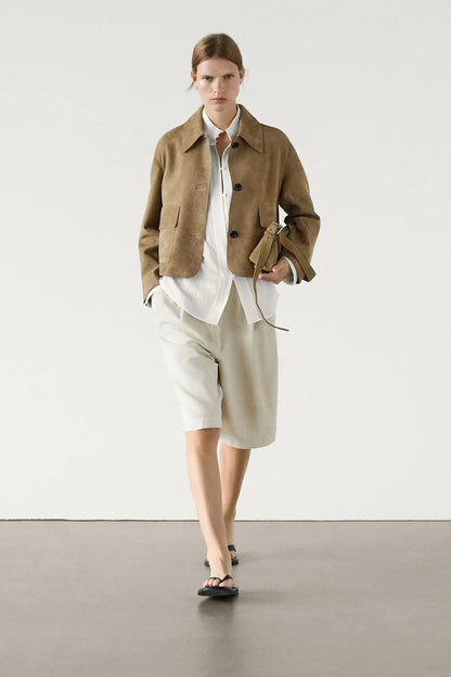 Laurel Veste Femme – Courte en Suédine Beige Élégant, Style Minimaliste & Urbain