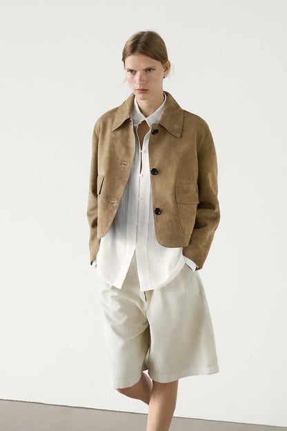 Laurel Veste Femme – Courte en Suédine Beige Élégant, Style Minimaliste & Urbain