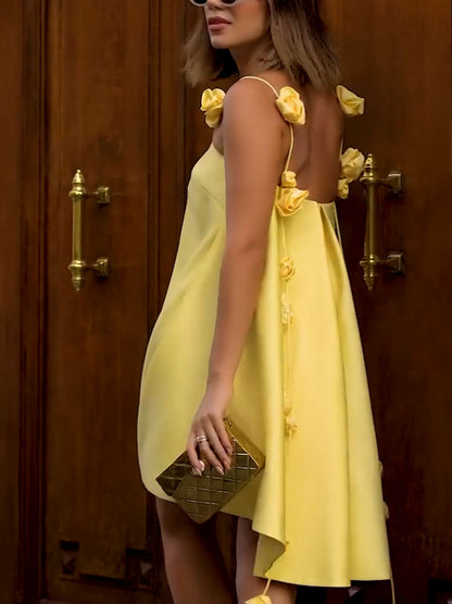 Genesis Robe d'Été Femme – Robe Jaune en Coton Coupe A-Ligne avec Bretelles Fleuries & Coupe Légère