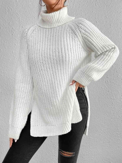Angela Pull Femme – Pull à Col Roulé Côtelé avec Fente Latérale Chic pour Automne/Hiver Élégant