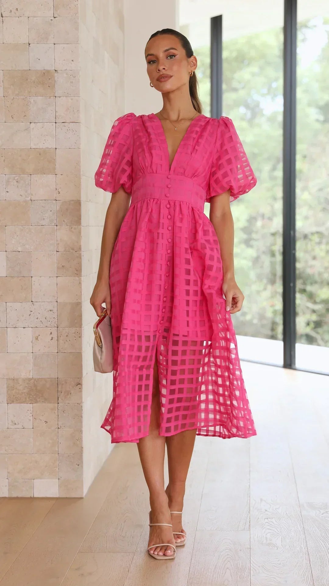 Mylene Robe Midi Femme – Robe à Carreaux Chic avec Volume & Couleur Vive