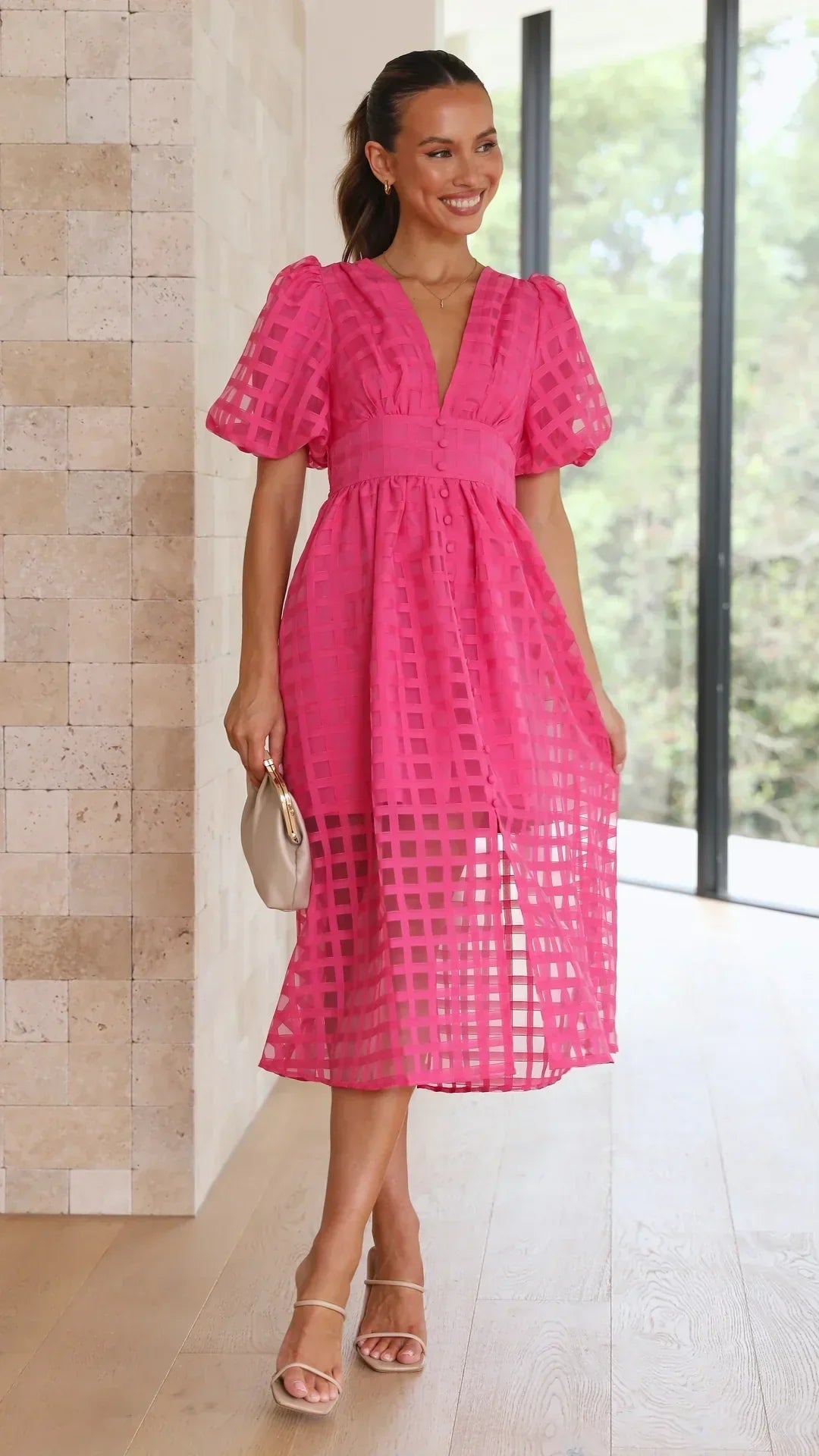 Mylene Robe Midi Femme – Robe à Carreaux Chic avec Volume & Couleur Vive