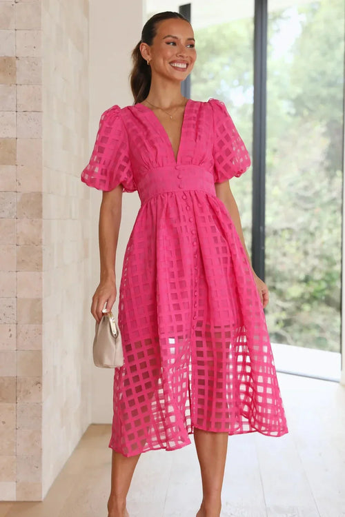 Mylene Robe Midi Femme – Robe à Carreaux Chic avec Volume & Couleur Vive