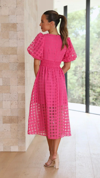 Mylene Robe Midi Femme – Robe à Carreaux Chic avec Volume & Couleur Vive