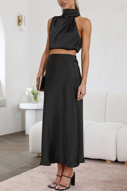 Annie Ensemble Satin Femme – Set Élégant 2 Pièces avec Haut à Manches Longues & Pantalon Taille Haute Fluide