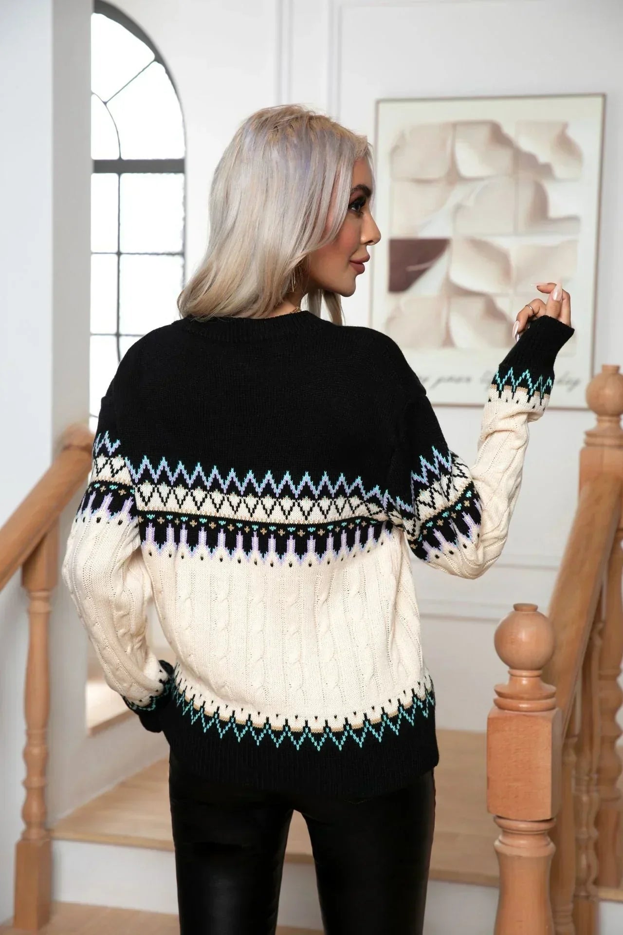 Samira Pull Femme – Pull Norvégien Élégant en Maille Chaude avec Motifs Géométriques