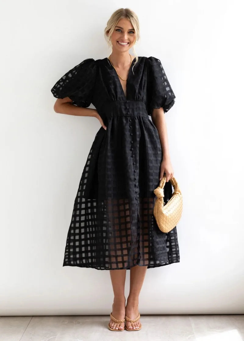 Mylene Robe Midi Femme – Robe à Carreaux Chic avec Volume & Couleur Vive