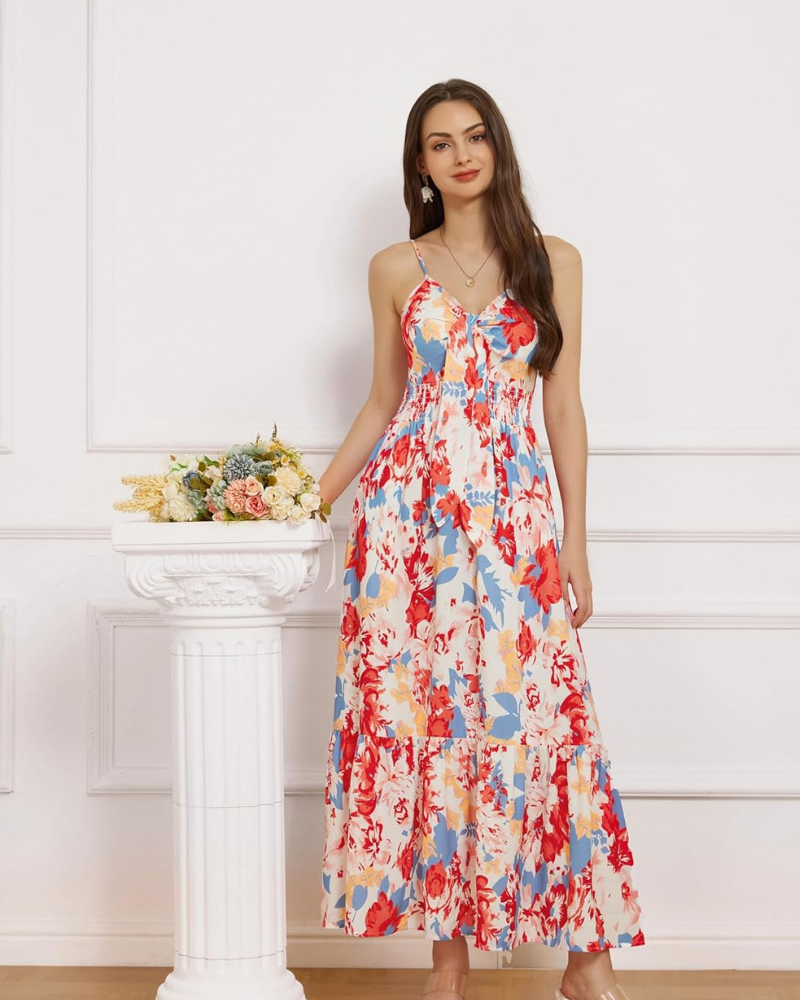 Darla Women's Maxi Floral Dress – Thin Straps, V-Neck, Bohemian Tied Waist Summer