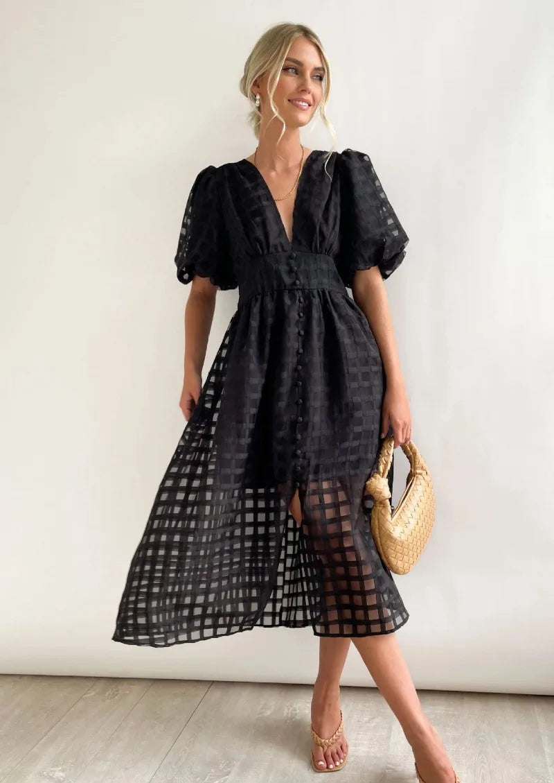 Mylene Robe Midi Femme – Robe à Carreaux Chic avec Volume & Couleur Vive