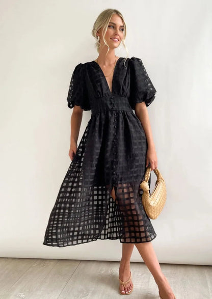 Mylene Robe Midi Femme – Robe à Carreaux Chic avec Volume & Couleur Vive