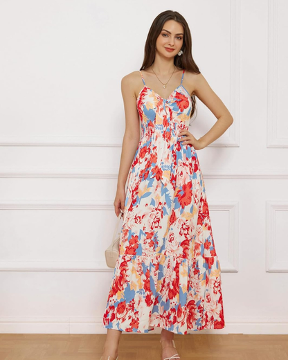 Darla Women's Maxi Floral Dress – Thin Straps, V-Neck, Bohemian Tied Waist Summer