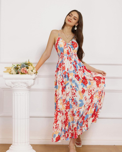 Darla Women's Maxi Floral Dress – Thin Straps, V-Neck, Bohemian Tied Waist Summer
