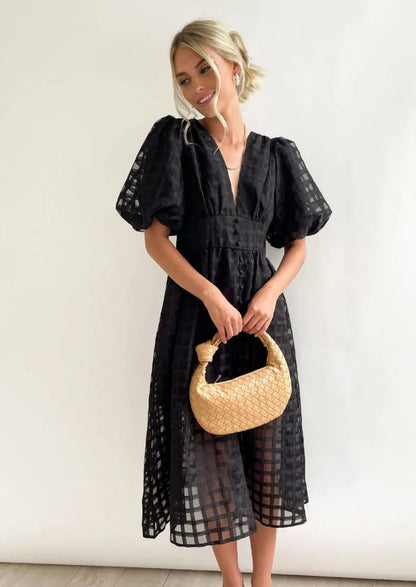 Mylene Robe Midi Femme – Robe à Carreaux Chic avec Volume & Couleur Vive