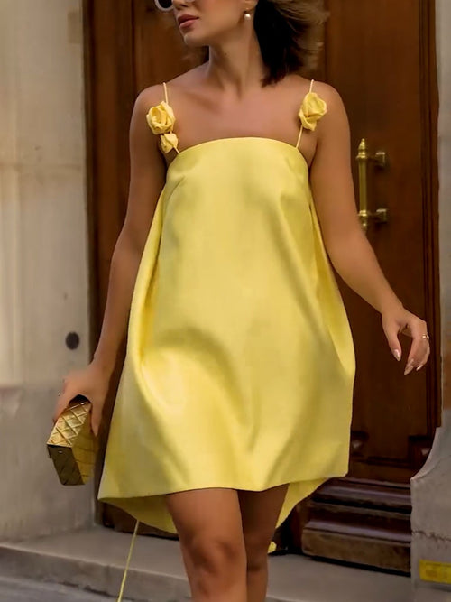 Genesis Robe d'Été Femme – Robe Jaune en Coton Coupe A-Ligne avec Bretelles Fleuries & Coupe Légère