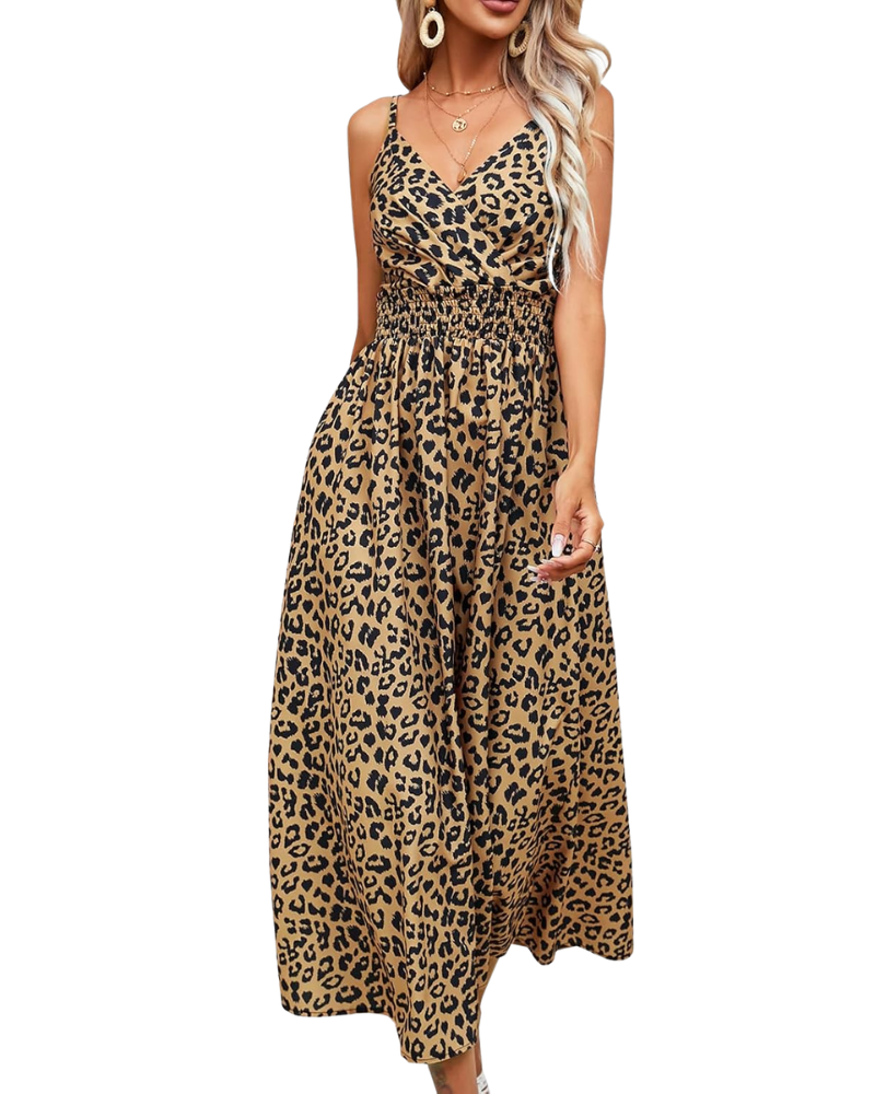 Carmie Women's Leopard Maxi Dress – Straps, Open Back, V-Neck, A-Line Cut Summer