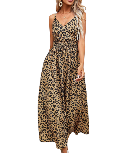 Carmie Women's Leopard Maxi Dress – Straps, Open Back, V-Neck, A-Line Cut Summer
