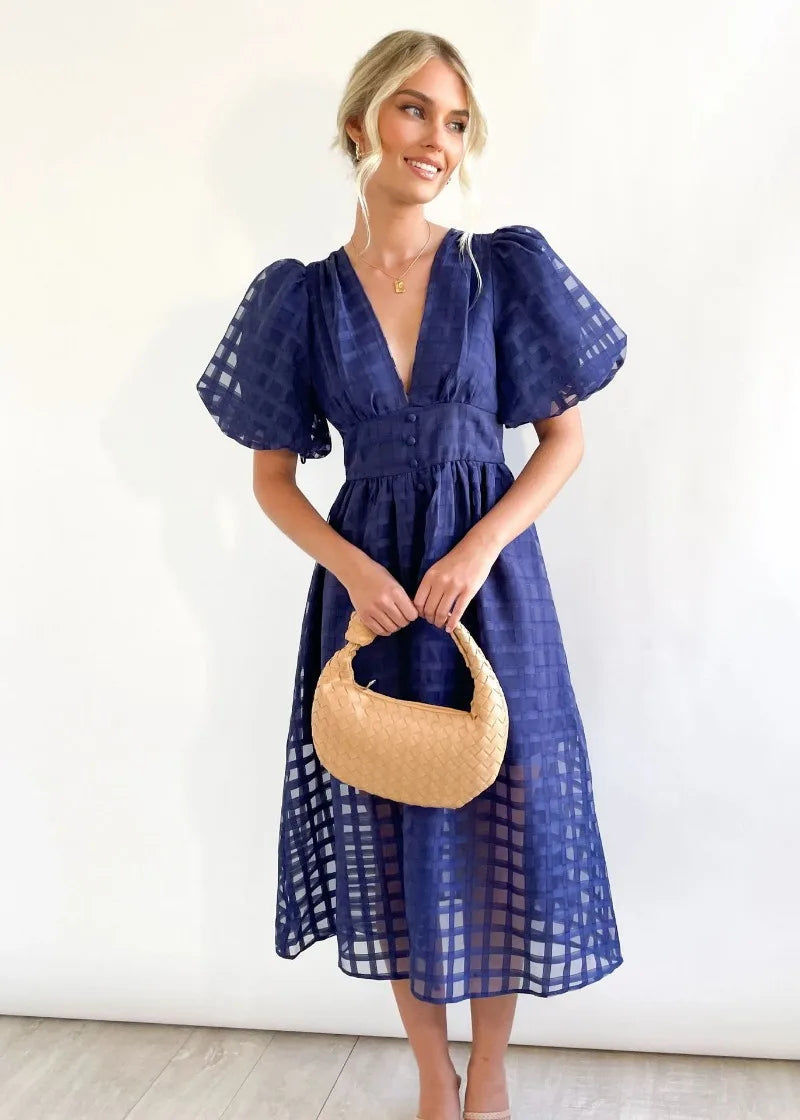 Mylene Robe Midi Femme – Robe à Carreaux Chic avec Volume & Couleur Vive