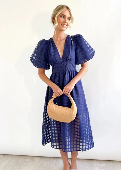 Mylene Robe Midi Femme – Robe à Carreaux Chic avec Volume & Couleur Vive
