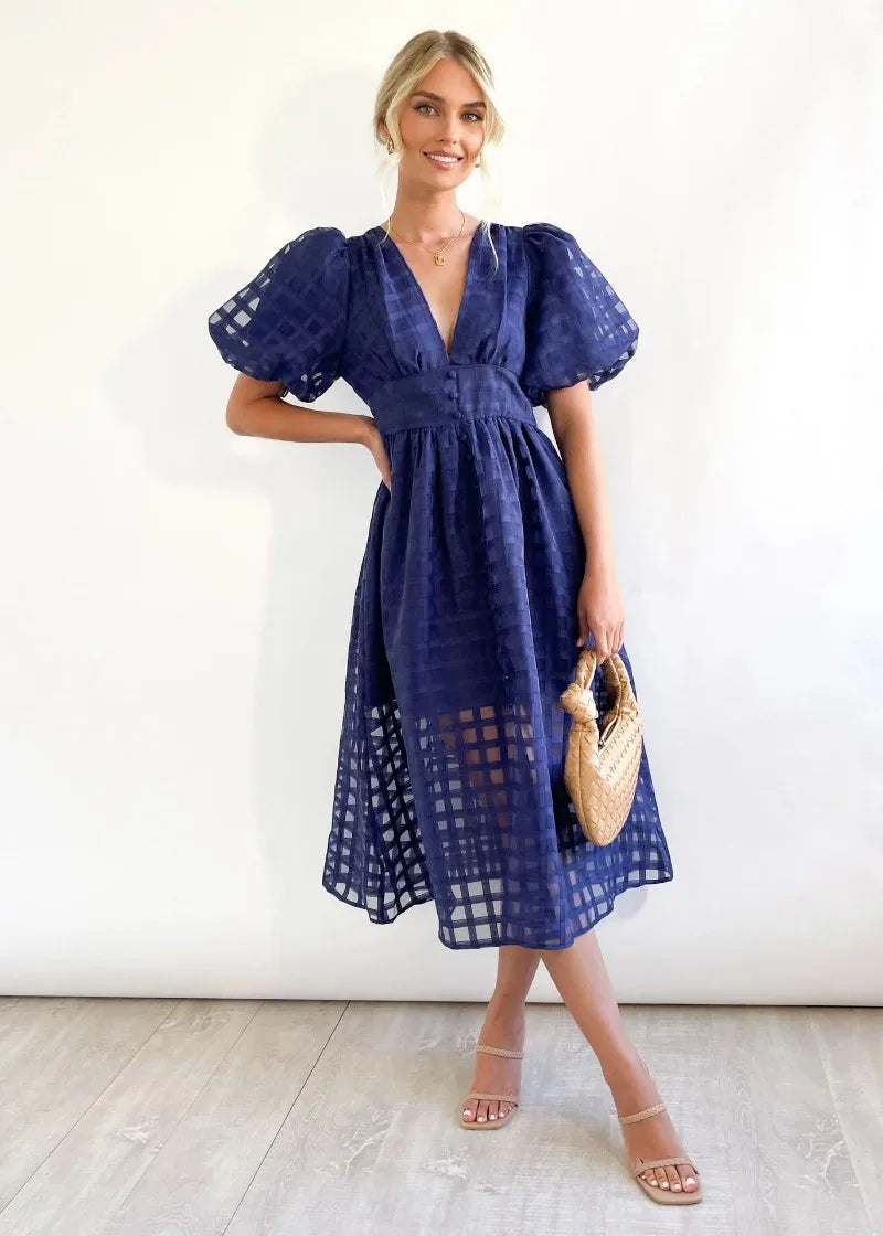 Mylene Robe Midi Femme – Robe à Carreaux Chic avec Volume & Couleur Vive