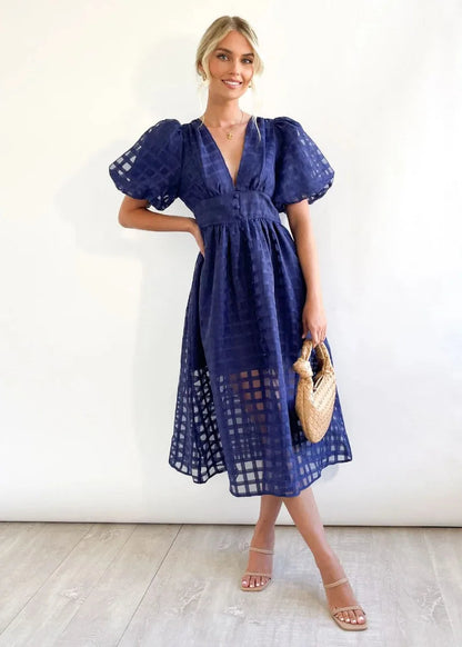 Mylene Robe Midi Femme – Robe à Carreaux Chic avec Volume & Couleur Vive