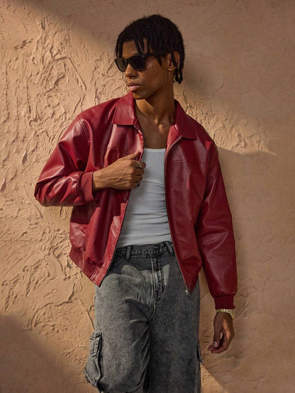 Vince Veste Homme Similicuir Rouge – Veste Zippée Moderne à Épaules Tombantes Style Urbain