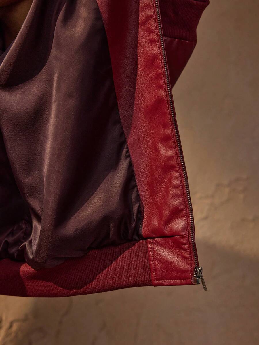 Vince Veste Homme Similicuir Rouge – Veste Zippée Moderne à Épaules Tombantes Style Urbain