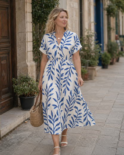 Rosita Bohemian Women's Dress – V-Neck, Short Sleeves, High Waist, Pockets Summer