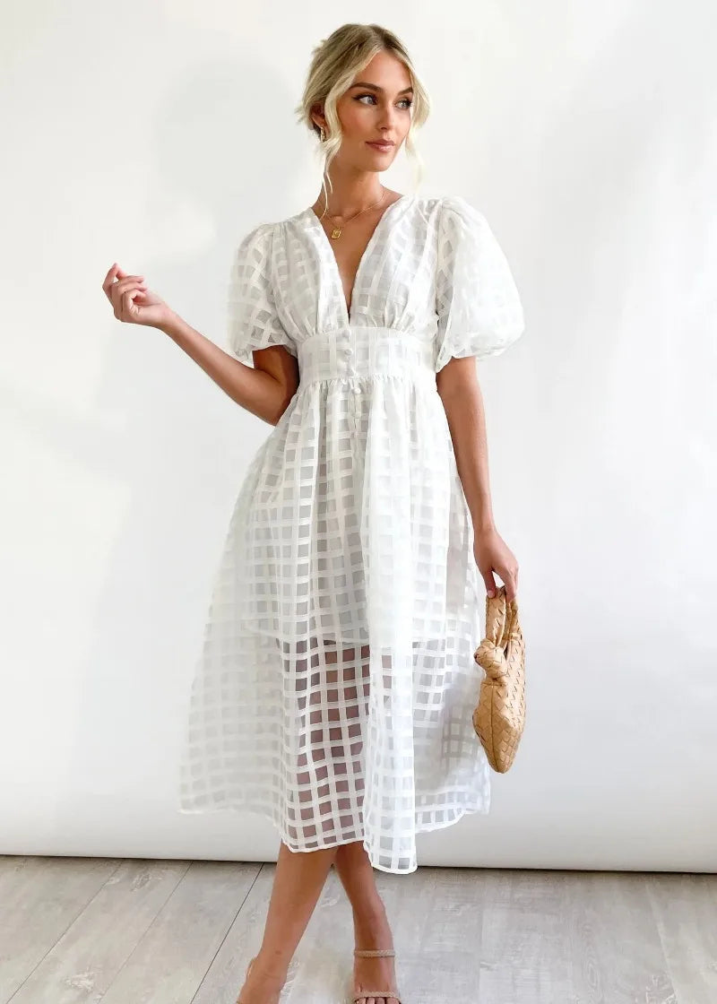 Mylene Robe Midi Femme – Robe à Carreaux Chic avec Volume & Couleur Vive