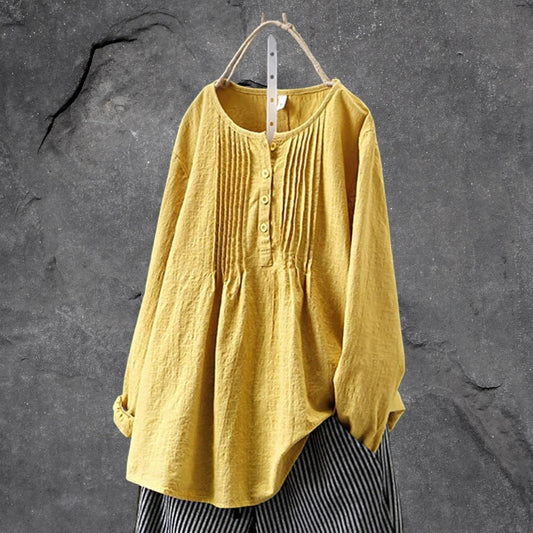 Allen Blouse Femme – Blouse Légère à Manches Longues ou 3/4, Boutons Frontaux & Plis Structurés Été