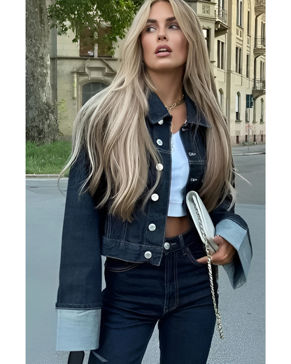 Bea Ensemble Denim Femme – Veste Courte & Jean Large à Revers Contrastés pour un Look Tendance