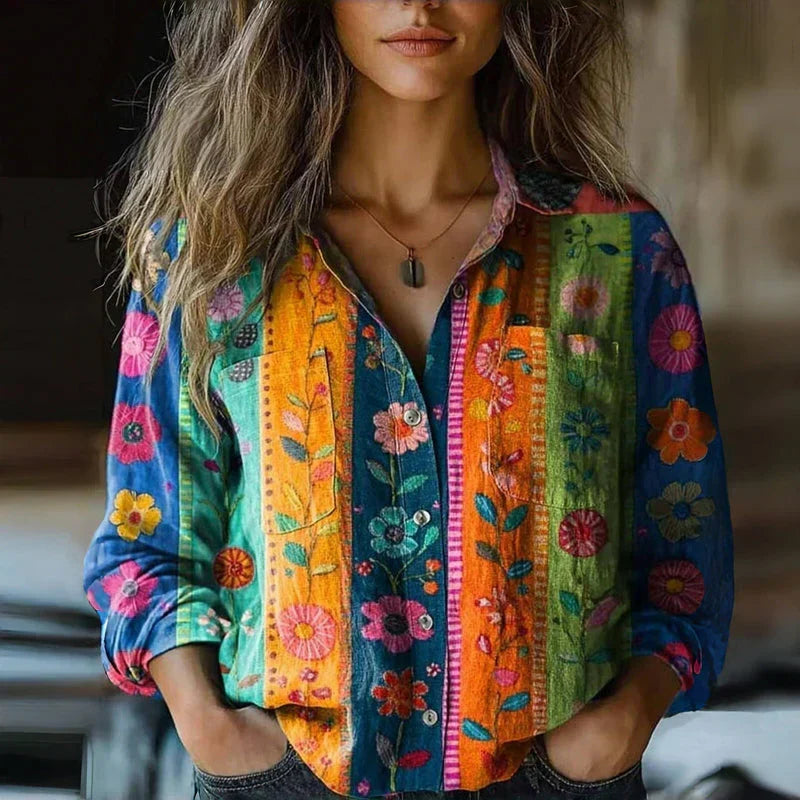 Mira Vintage Blouse for Women – Airy Blouse with Ethnic Print, Classic Collar & Long Sleeves