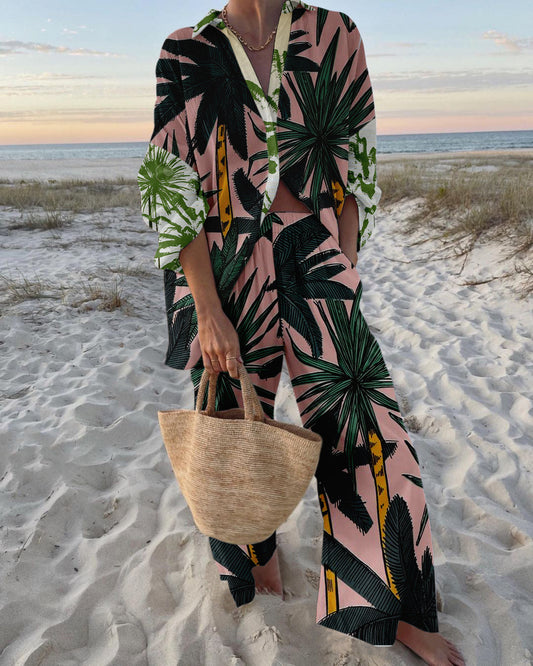 Chelsea Ensemble d’Été Femme – Coordonné Léger en Coton avec Imprimé Palmier Tropical & Coupe Décontractée