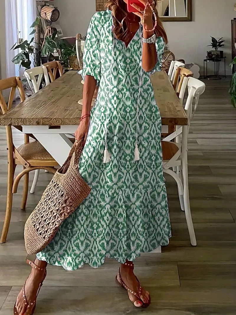 Bohemian Women's Charm Dress – Elegant Summer Dress with Ruffles, V-Neck & Ikat Pattern