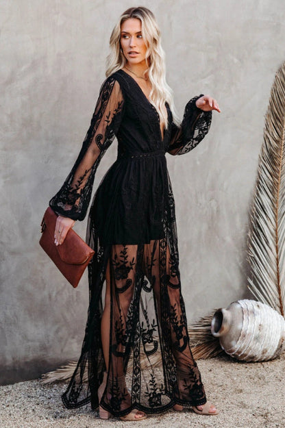 Robe Longue Femme Nemia – Robe Bohème Blanche en Dentelle avec Décolleté Plongeant & Fente Haute