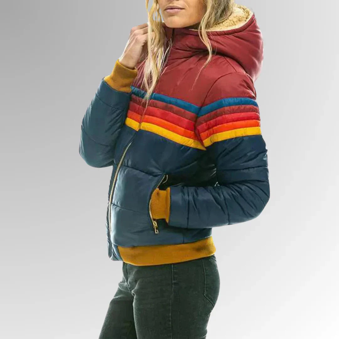 Scarlett Doudoune Femme Rétro – Manteau d'Hiver Multicolore avec Capuche et Fermeture Éclair