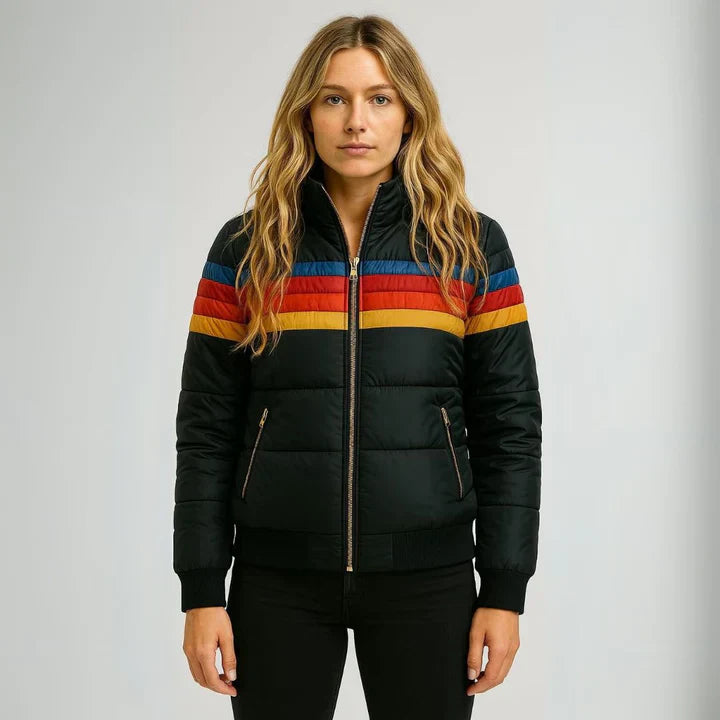 Scarlett Doudoune Femme Rétro – Manteau d'Hiver Multicolore avec Capuche et Fermeture Éclair