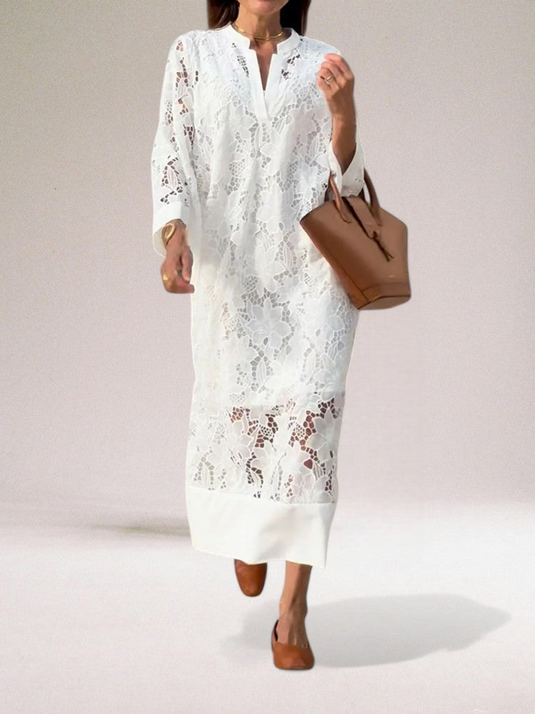 Jennylyn Robe Maxi Femme – Robe Longue en Dentelle Aérée, Style Bohème Estival & Confort Respirant