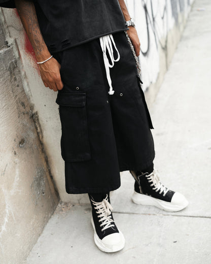 WAXED DENIM LONG CARGO SHORTS