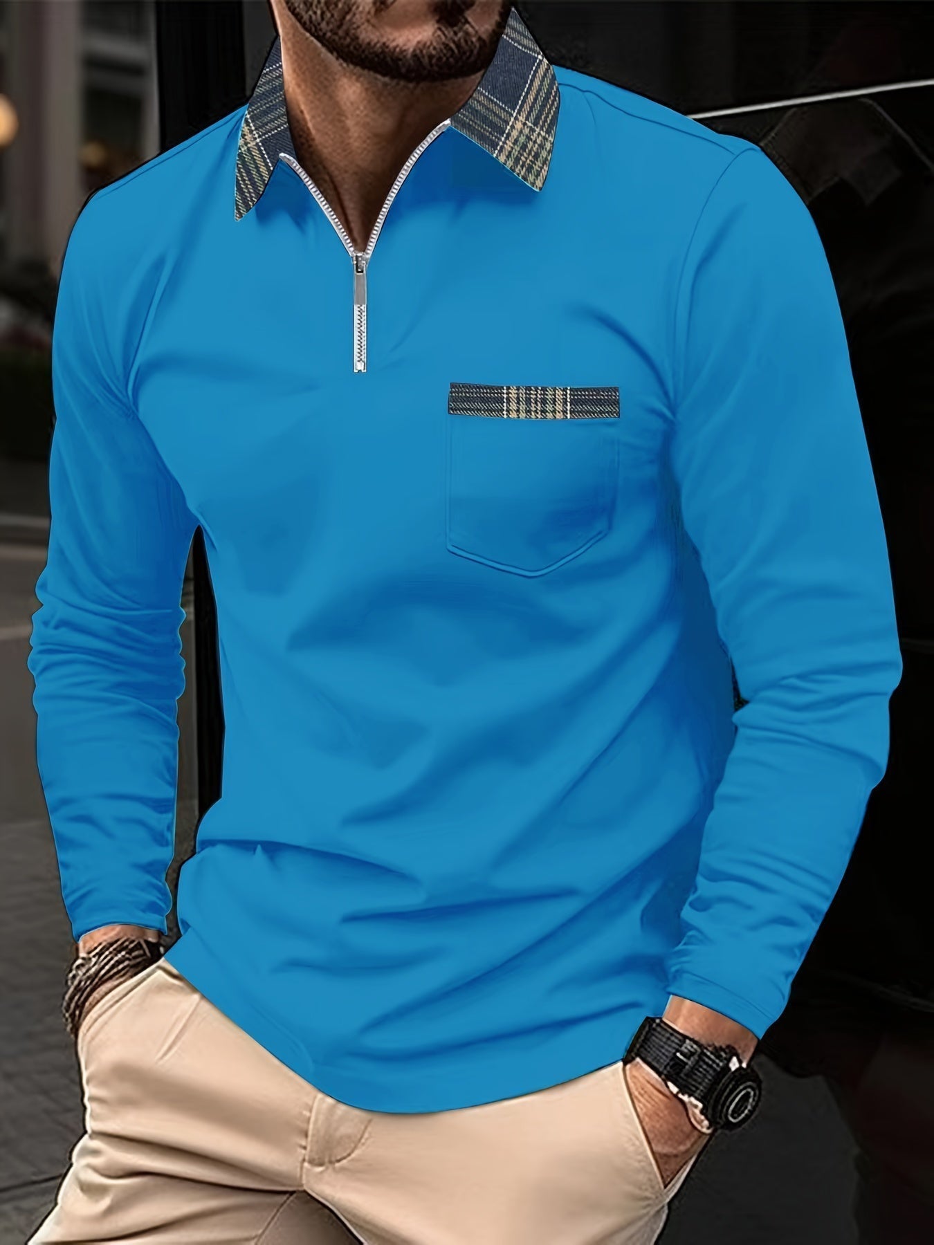 Frank Polo Manches Longues – Col Zippé & Motif Carreaux, Élégance et Confort Homme