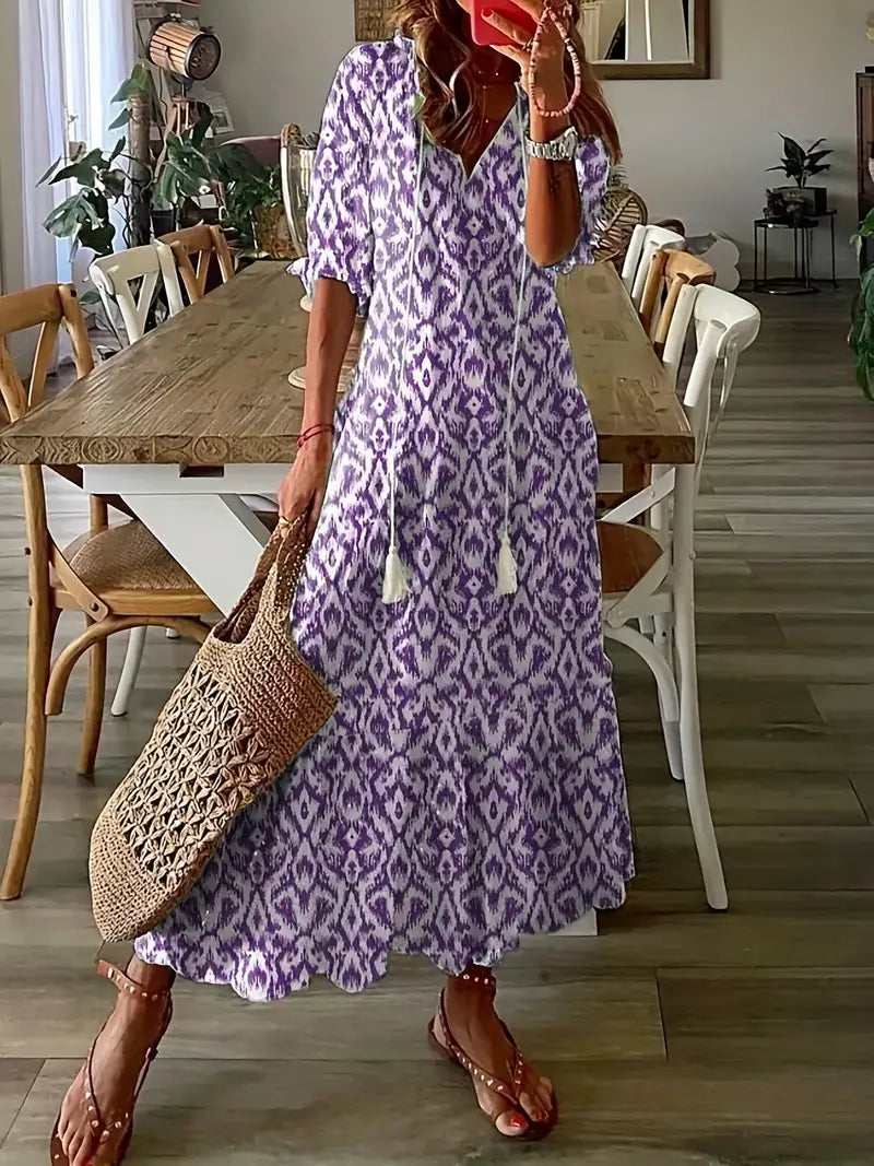 Bohemian Women's Charm Dress – Elegant Summer Dress with Ruffles, V-Neck & Ikat Pattern