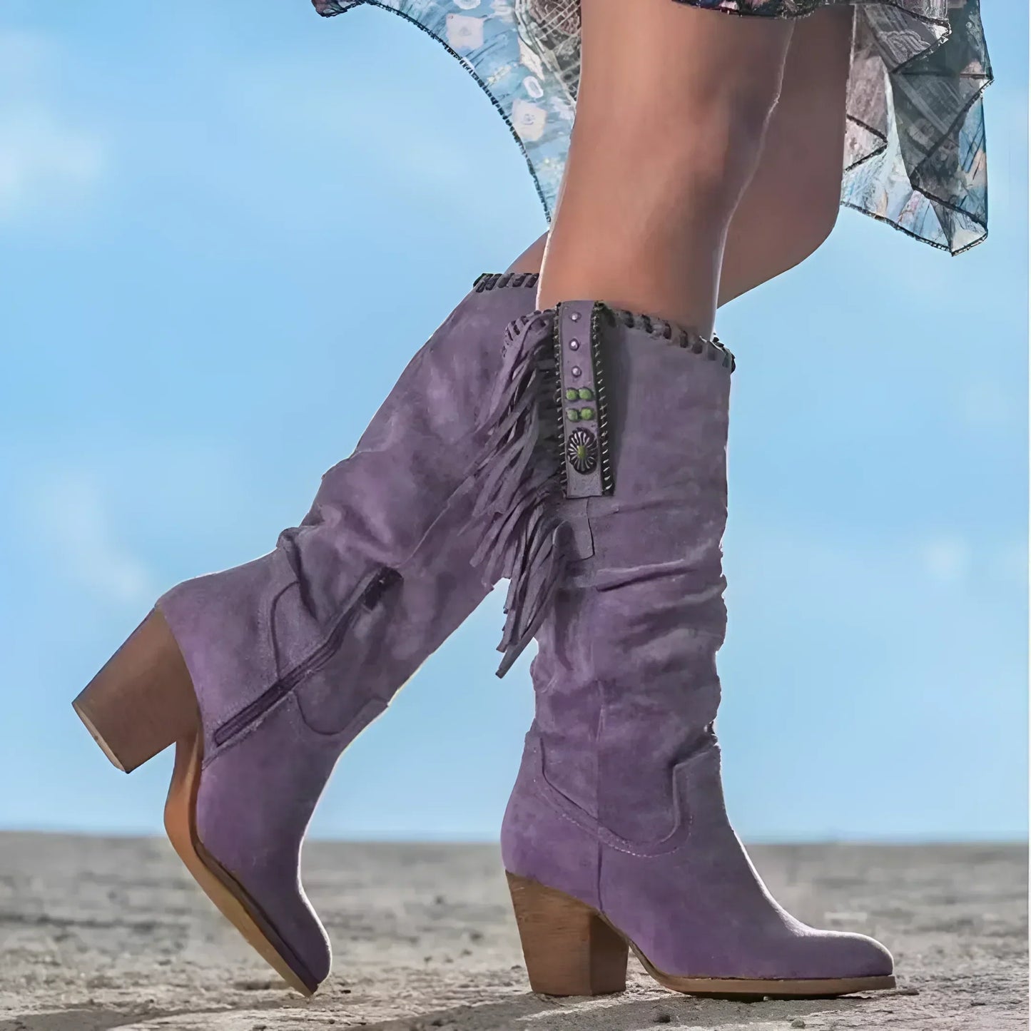 Nathalie Bottes Femme – Bottes de Cowboy en Cuir Véritable avec Franges & Talon Épais