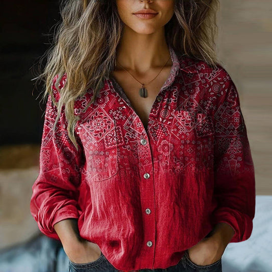 Mira Vintage Blouse for Women – Airy Blouse with Ethnic Print, Classic Collar & Long Sleeves