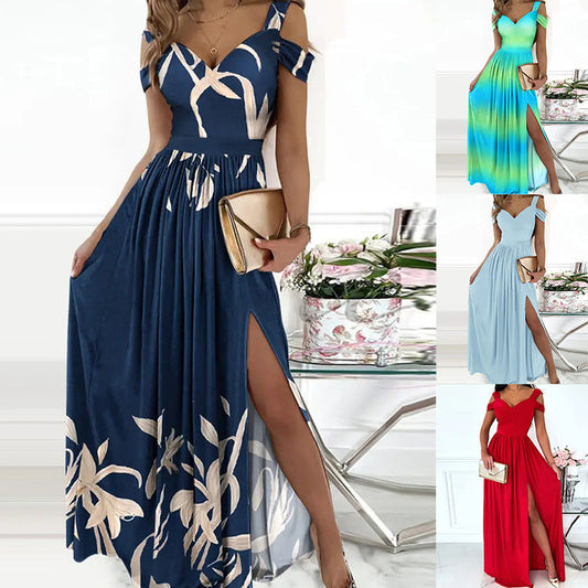 Antonella Robe Longue Élégante Femme – Robe Épaules Dénudées à Motif Fleuri & Fente Chic