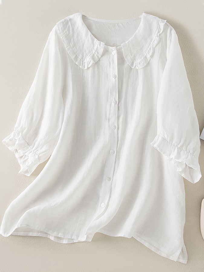 Jillian Blouse Women – Loose Cotton-Linen Shirt with Chic Ruffled Peter Pan Collar