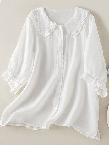 Jillian Blouse Women – Loose Cotton-Linen Shirt with Chic Ruffled Peter Pan Collar