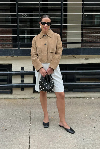 Laurel Veste Femme – Courte en Suédine Beige Élégant, Style Minimaliste & Urbain