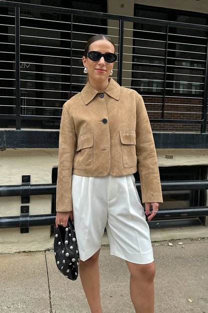 Laurel Veste Femme – Courte en Suédine Beige Élégant, Style Minimaliste & Urbain