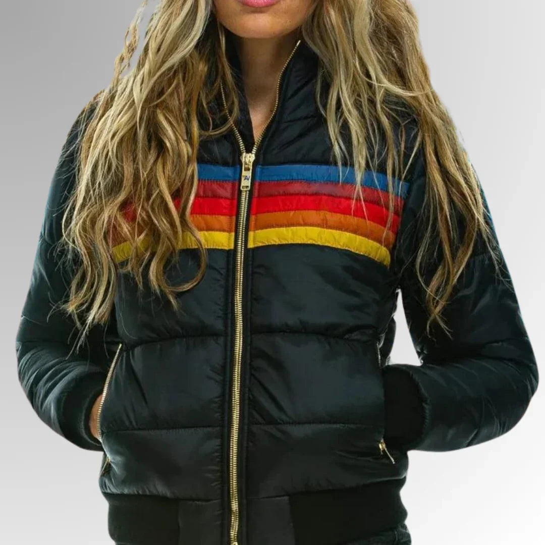Scarlett Doudoune Femme Rétro – Manteau d'Hiver Multicolore avec Capuche et Fermeture Éclair